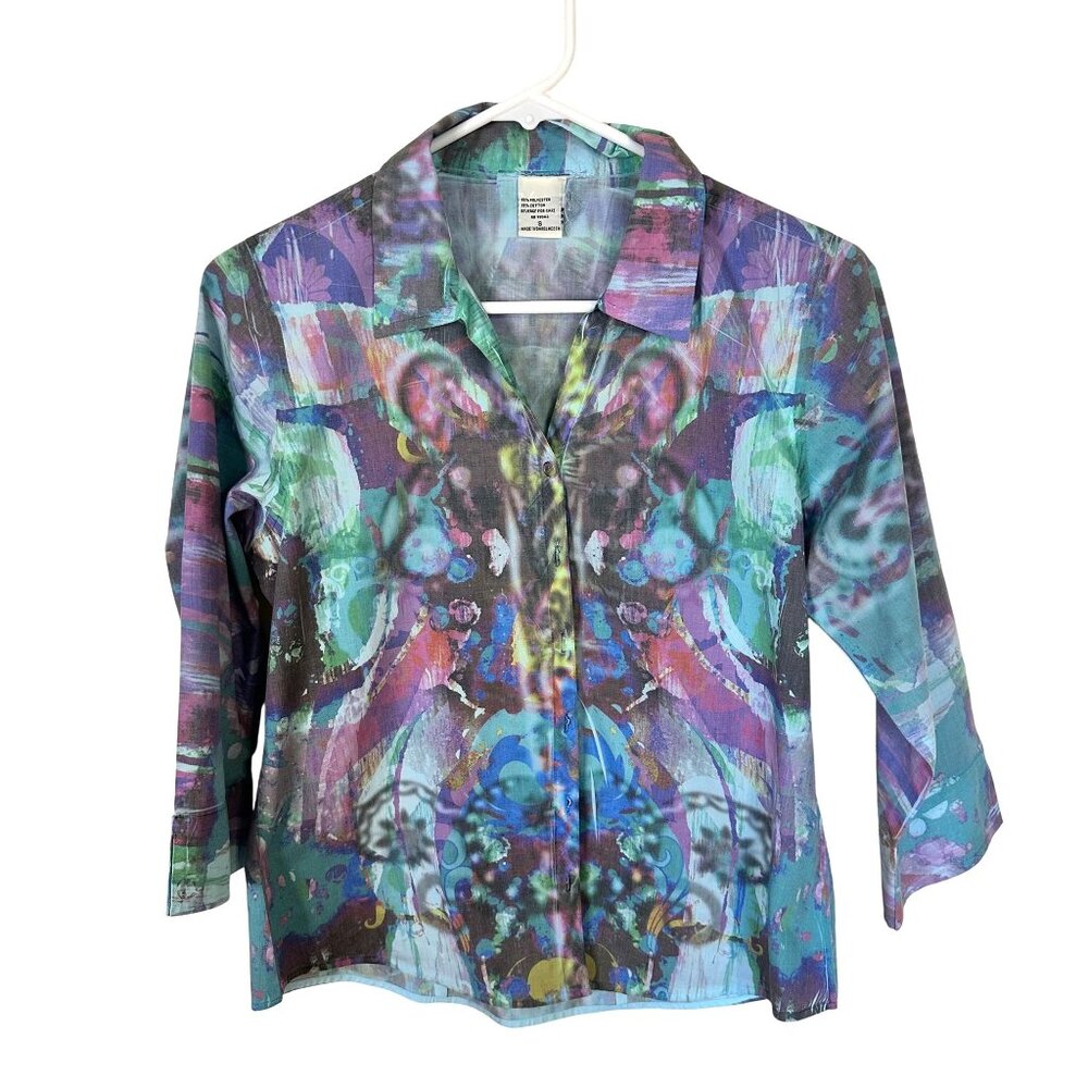 Vtg Womens Abstract Multicolor Button Up Shirt 3/4 Sleeves Small Bangladesh Top